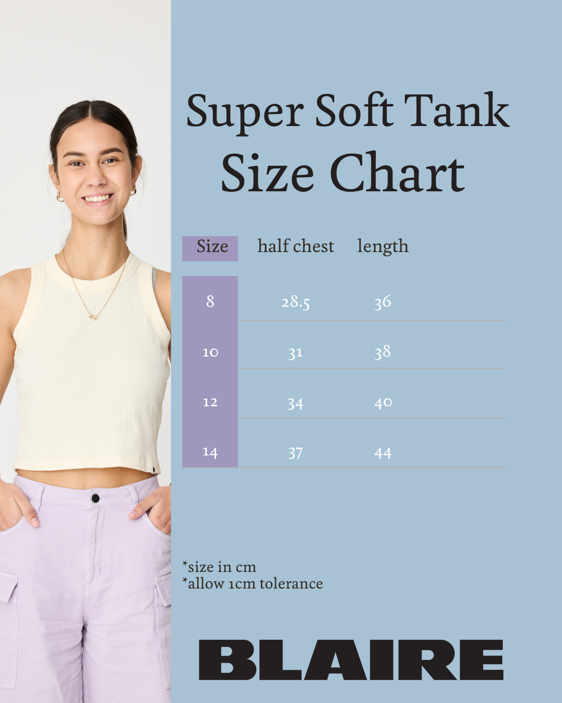 Size chart for Blaire&#39;s super soft tank